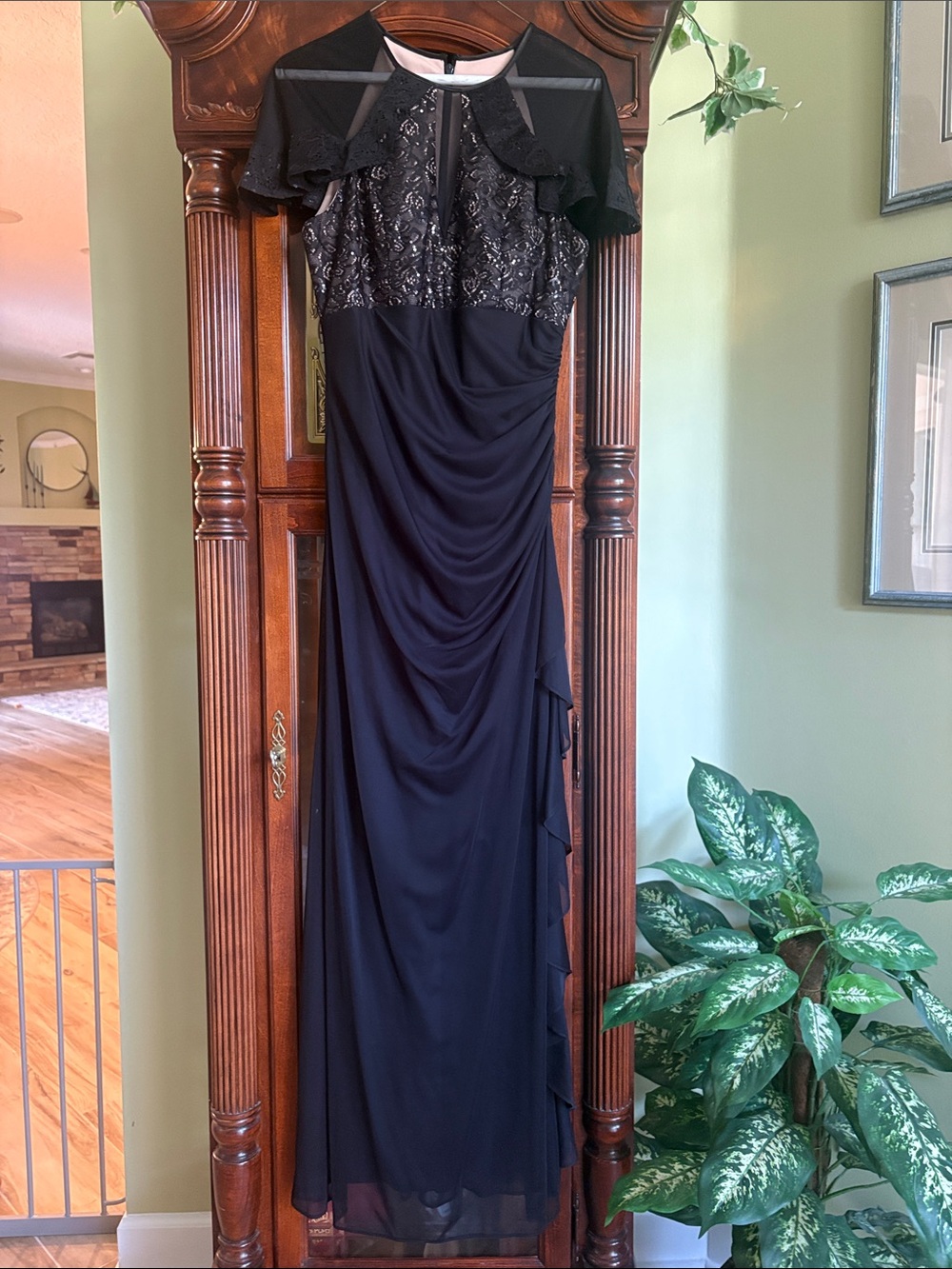 Black Lace Bodice Draped Maxi Dress